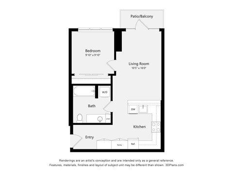 A floor plan of a house with a living room, two bedrooms, a bath, a kitchen, and an entry.