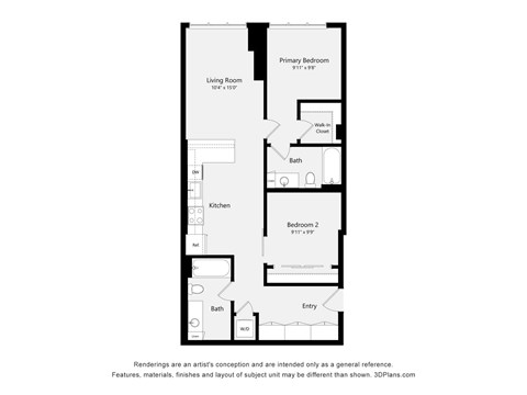 A floor plan of a two bedroom apartment with a living room, kitchen, bathroom and entry.
