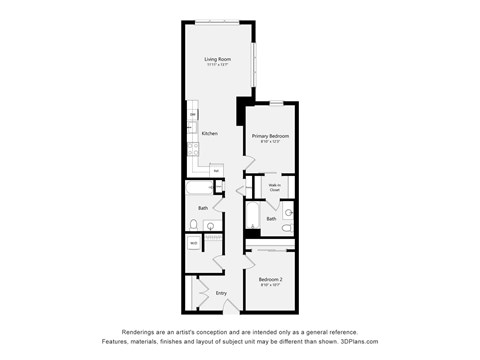 A floor plan of a house with a living room, kitchen, two bathrooms, two bedrooms and an entry.
