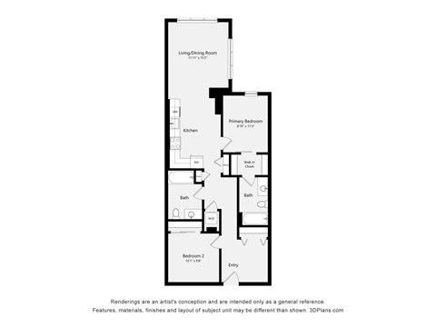 A floor plan of a house with a living room, two bedrooms, a kitchen, a bath, and an entry.