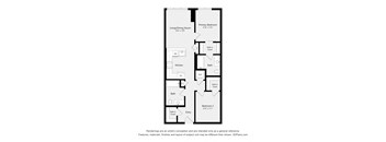 A floor plan of a house with a living room, two bedrooms, a kitchen, and two bathrooms.
