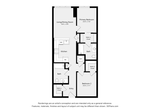 A floor plan of a house with a living room, two bedrooms, a kitchen, and two bathrooms.
