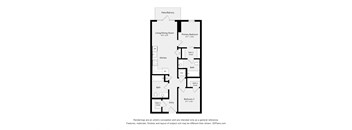 A floor plan of a house with two bathrooms, a living room, a kitchen, and two bedrooms.