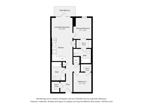 A floor plan of a house with two bathrooms, a living room, a kitchen, and two bedrooms.