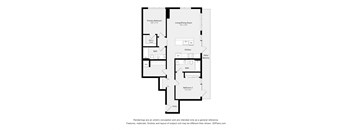 A floor plan of a house with a kitchen, two bathrooms, two bedrooms and a living/dining room.
