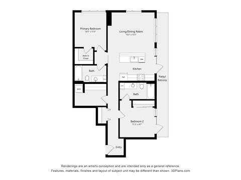 A floor plan of a house with a kitchen, two bathrooms, two bedrooms and a living/dining room.