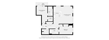 A floor plan of a home with a living room, two bedrooms, a bathroom, and a patio.