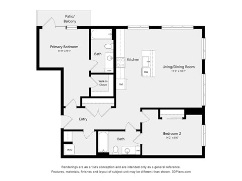 A floor plan of a home with a living room, two bedrooms, a bathroom, and a patio.