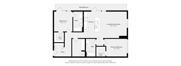 A floor plan of a home with a living room, dining room, kitchen, and three bedrooms.