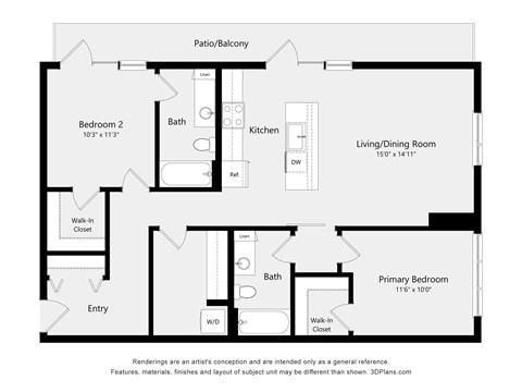 A floor plan of a home with a living room, dining room, kitchen, and three bedrooms.