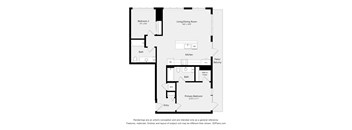 A floor plan of a home with a living/dining room, kitchen, two bathrooms, and two bedrooms.
