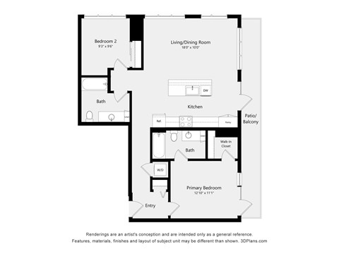 A floor plan of a home with a living/dining room, kitchen, two bathrooms, and two bedrooms.