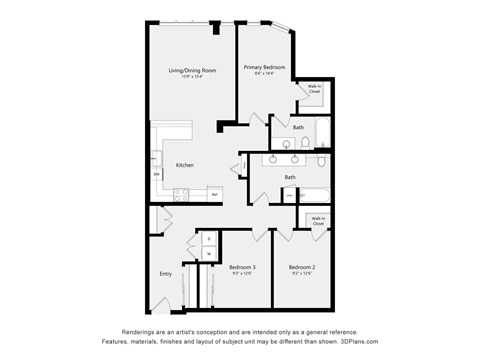 A floor plan of a house with a living room, dining room, kitchen, and three bedrooms.