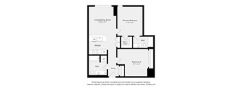 A black and white diagram of a house layout with a living/dining room, kitchen, two bathrooms, two bedrooms, and an entry.