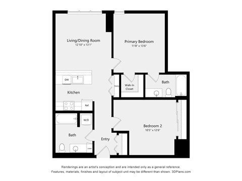 A black and white diagram of a house layout with a living/dining room, kitchen, two bathrooms, two bedrooms, and an entry.
