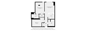 A floor plan of a home with a living room, two bedrooms, a bathroom, a kitchen, and an entry.