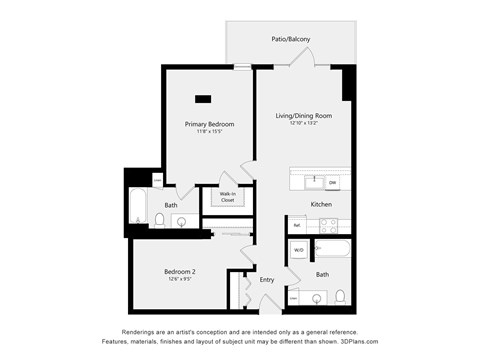 A floor plan of a home with a primary bedroom, bath, living/dining room, kitchen, and an entry.