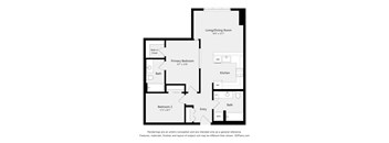 A black and white image of a floor plan for a home with a living/dining room, kitchen, two bedrooms, and bathrooms.