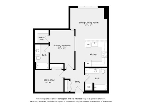 A black and white image of a floor plan for a home with a living/dining room, kitchen, two bedrooms, and bathrooms.