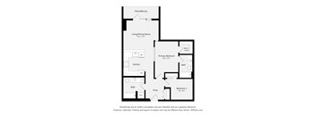 A floor plan of a home with a living room, two bedrooms, a kitchen, and a bath.
