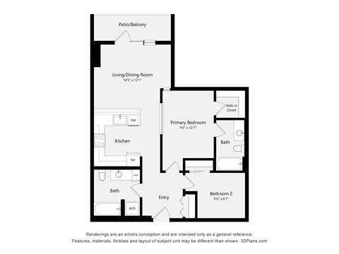A floor plan of a home with a living room, two bedrooms, a kitchen, and a bath.