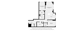 A black and white diagram of a house layout with a living room, two bedrooms, a bathroom, a kitchen, and an entry.