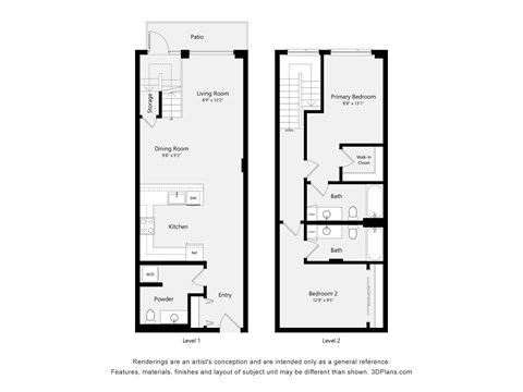 A floor plan of a two-story house with a living room, dining room, kitchen, and two bedrooms.