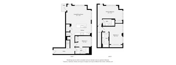 A black and white image of a two level house plan with a living/dining room, kitchen, and three bedrooms.