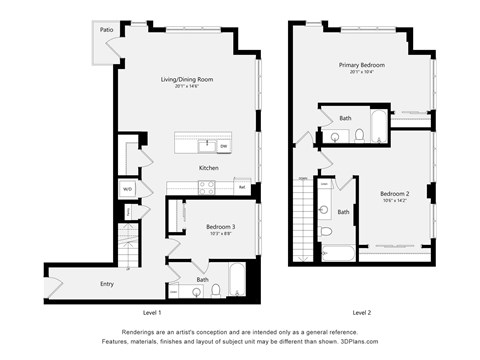 A black and white image of a two level house plan with a living/dining room, kitchen, and three bedrooms.