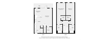 A floor plan of a two level home with a living room, dining room, kitchen, and two bedrooms.