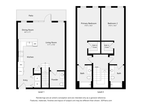 A floor plan of a two level home with a living room, dining room, kitchen, and two bedrooms.