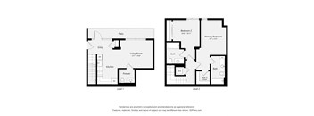 A floor plan of a two level home with a living room, kitchen, powder room and two bedrooms.