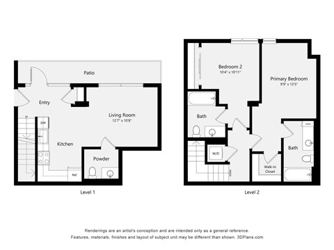 A floor plan of a two level home with a living room, kitchen, powder room and two bedrooms.