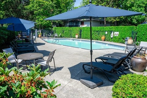 a swimming pool with umbrellas at Copper Ridge Apartments, Renton, 98055  