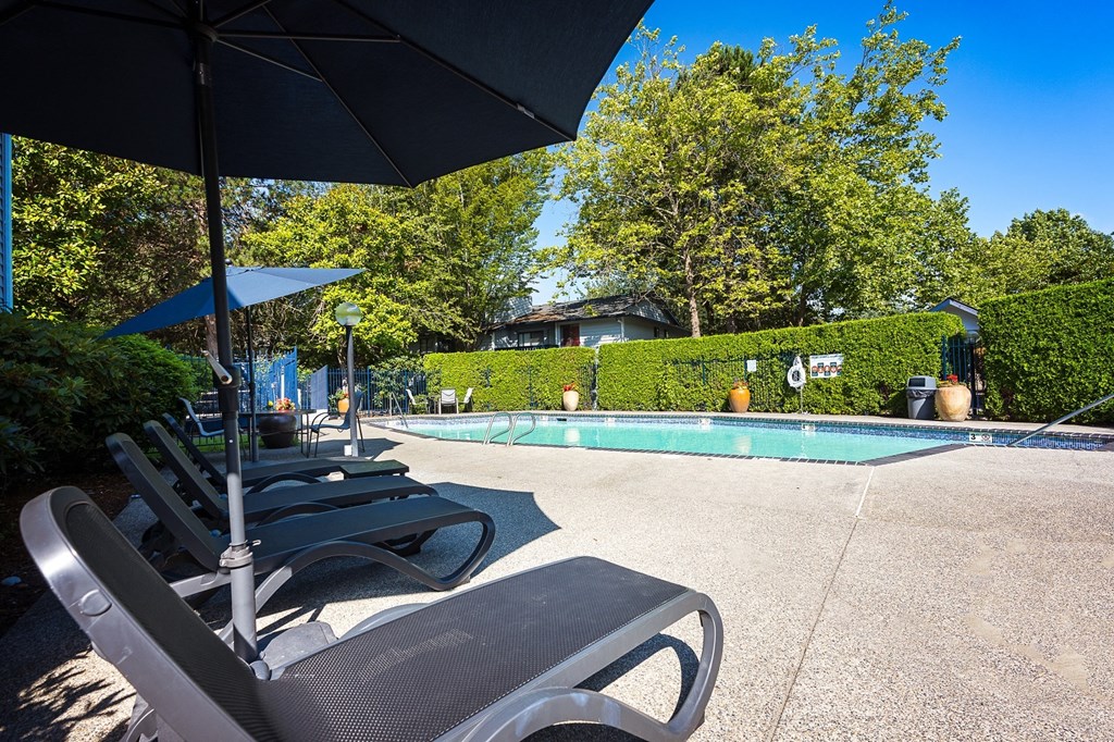 pool with lounge chairs at Copper Ridge Apartments, Renton, WA