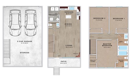 A floor plan of a house with two bedrooms, a living room, a garage, and a patio.