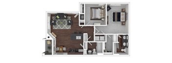 A 3D floor plan of a house with a kitchen, living room, dining room, and bedrooms.