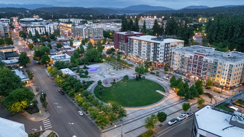 A cityscape with a large park in the middle and buildings surrounding it.