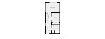 A floor plan of a small apartment with a living room, kitchen, bathroom and entry.