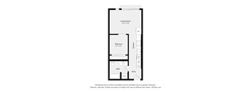 A floor plan of a small apartment with a living room, bedroom, bathroom, and entry.