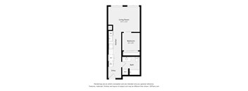 A floor plan of a small apartment with a living room, bedroom, bathroom, and kitchen.
