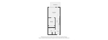 A floor plan of a small apartment with a living room, bedroom, bathroom, and kitchen.
