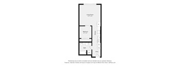 A floor plan of a small apartment with a living room, bedroom, bathroom, and entry.