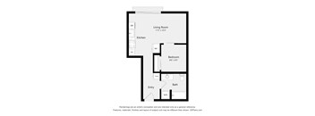 A floor plan of a small apartment with a living room, kitchen, bedroom and bathroom.