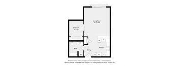A floor plan of a small apartment with a living room, bedroom, kitchen, and bathroom.