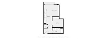A black and white drawing of a house layout with a living room, kitchen, bath, and bedroom.