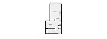 A floor plan of a small apartment with a living room, kitchen, bedroom, and bathroom.