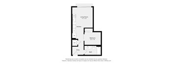 A floor plan of a small apartment with a living room, kitchen, bedroom, and bathroom.