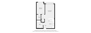 A floor plan of a small apartment with a bedroom, living room, kitchen, bathroom, and entry.