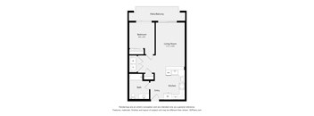 A floor plan of a house with a bedroom, living room, bath, kitchen, and entry.